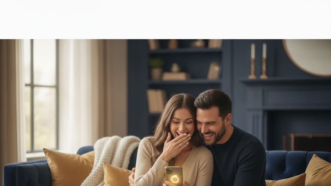 Casal animado recebendo a proposta de fotografia pelo celular