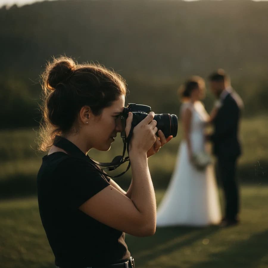 Fotógrafa em ação num ensaio de casamento