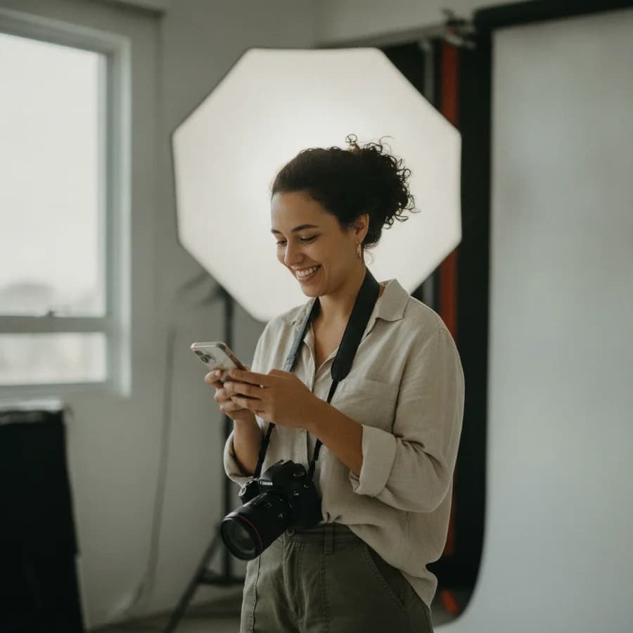 Fotógrafa conferindo o celular no estúdio