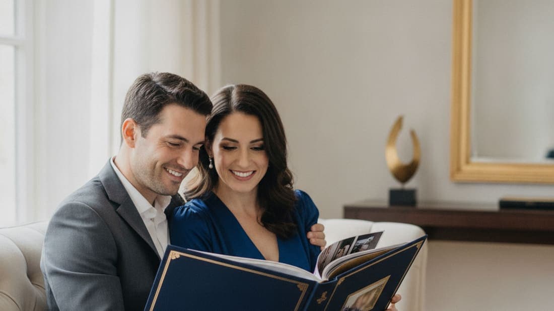 Casal sorrindo enquanto folheia o álbum de casamento impresso