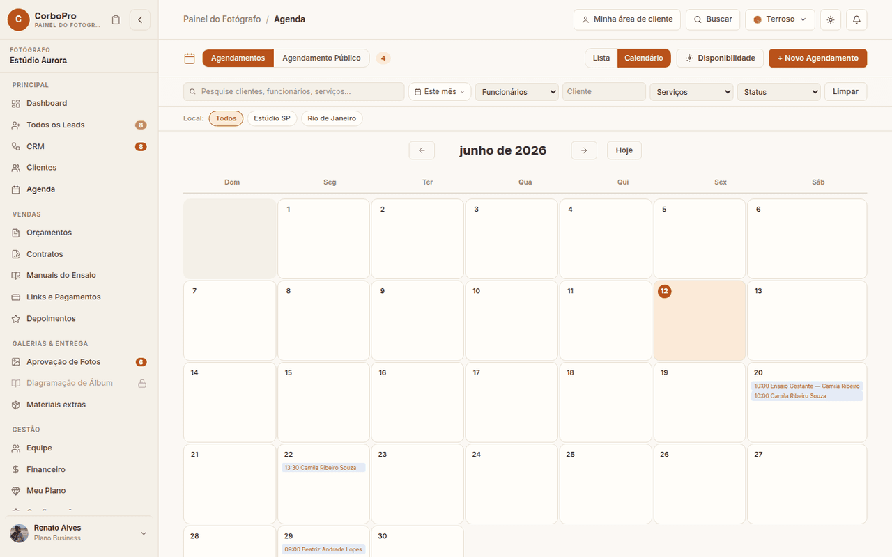 Agenda e calendário de ensaios do CorboPro