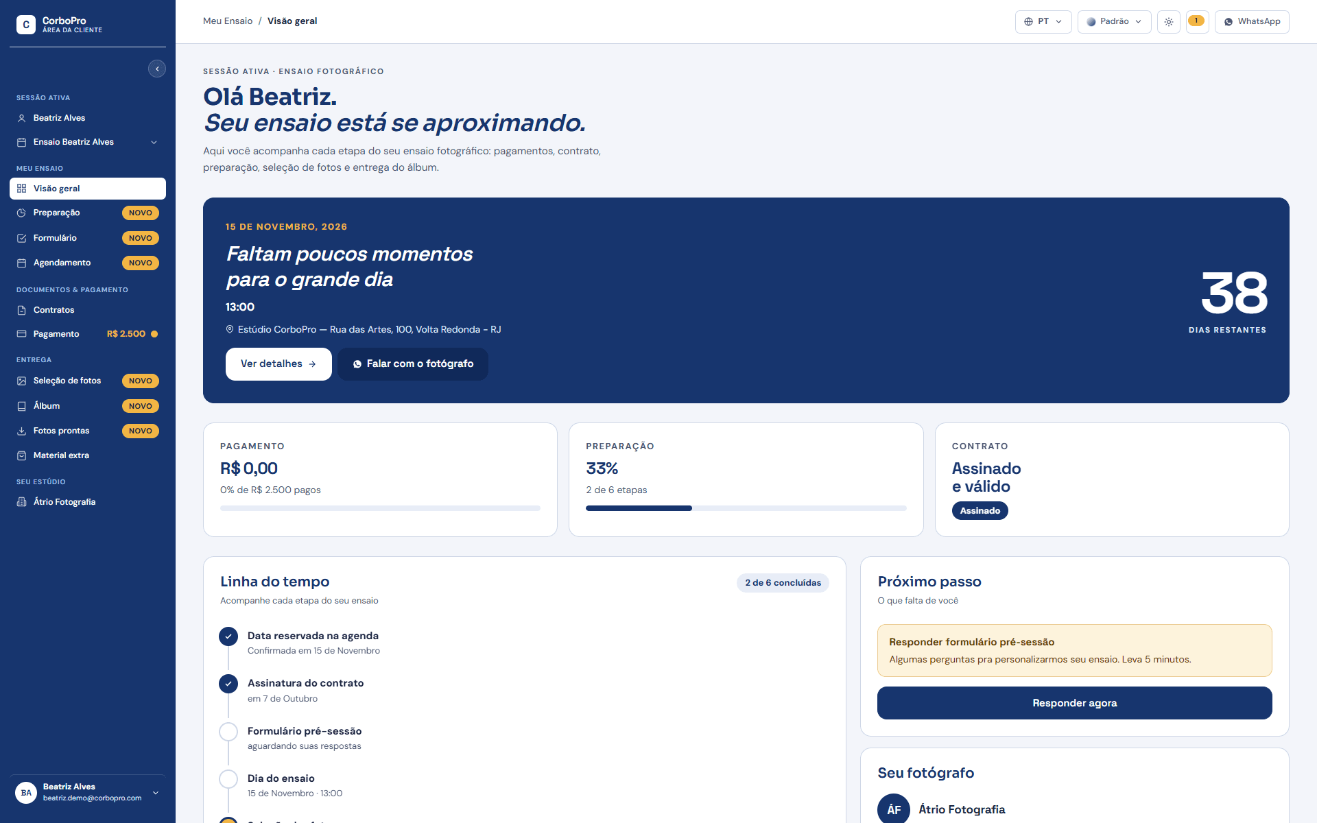 Portal exclusivo do cliente do CorboPro