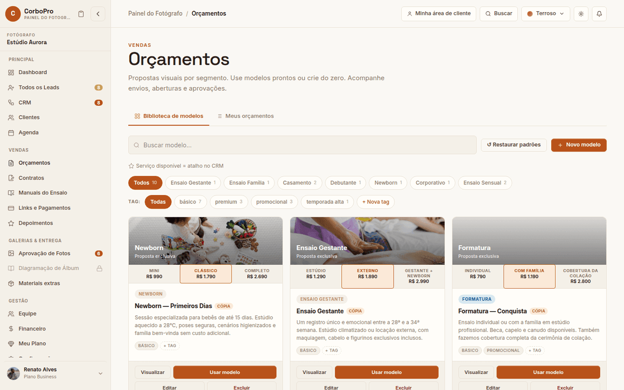 Orçamentos e propostas do CorboPro