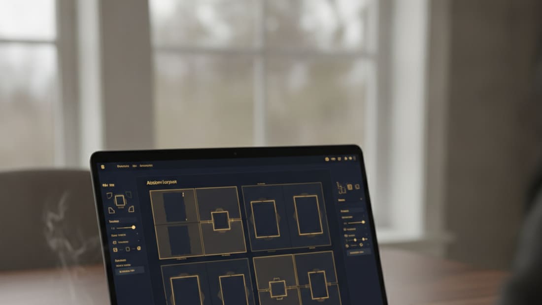 Software de diagramação de álbum na tela do notebook com grade de lâminas